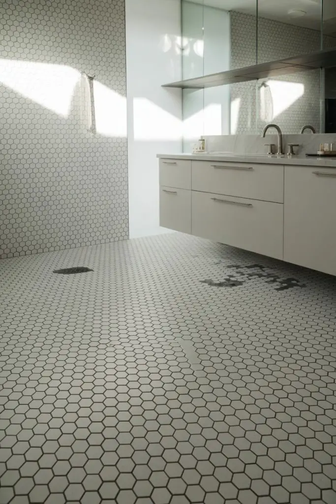 A modern bathroom with white hexagonal tile floor and walls, floating white cabinets, a countertop with a sink, and a large mirrored backsplash. Sunlight streams in, highlighting water spots on the floor.