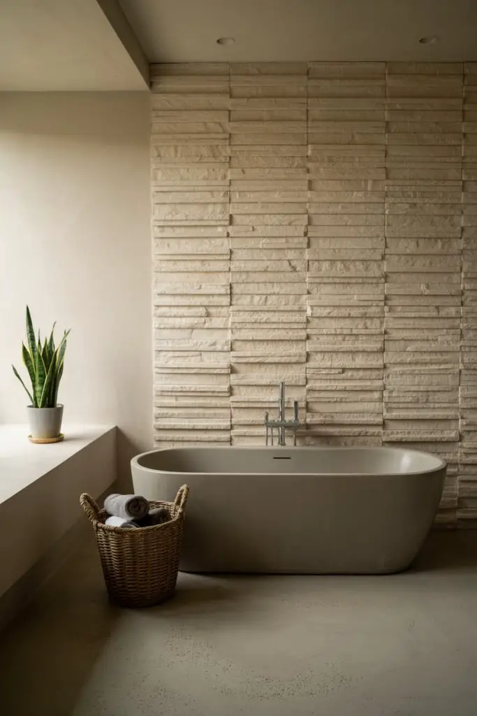 A modern bathroom with a freestanding gray bathtub, a textured beige stone wall, a wicker basket with rolled towels, and a potted plant on a ledge by the tub. The space is minimalist and softly lit.