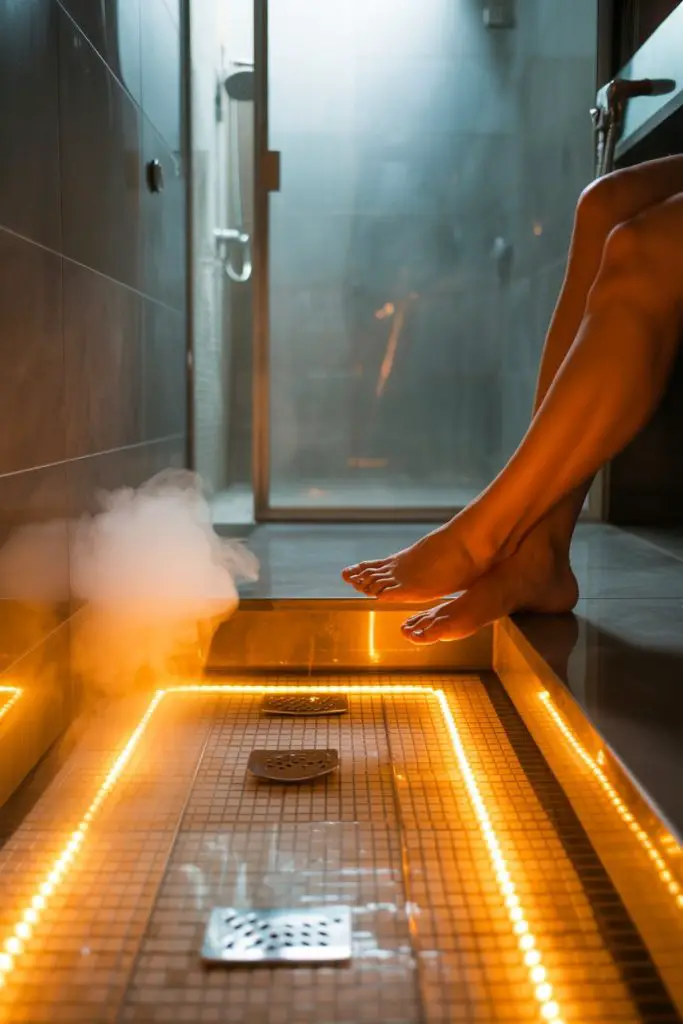 A person sits at the edge of a modern steam room, with their legs extended near a steamy, illuminated tiled floor drain. Warm ambient lighting highlights the relaxing atmosphere.