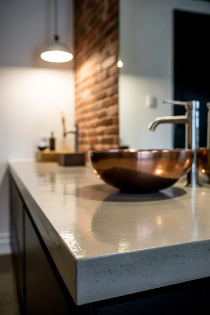 A modern bathroom countertop with a smooth concrete surface, a copper vessel sink, and a sleek faucet. A brick wall and hanging pendant light are visible in the background.