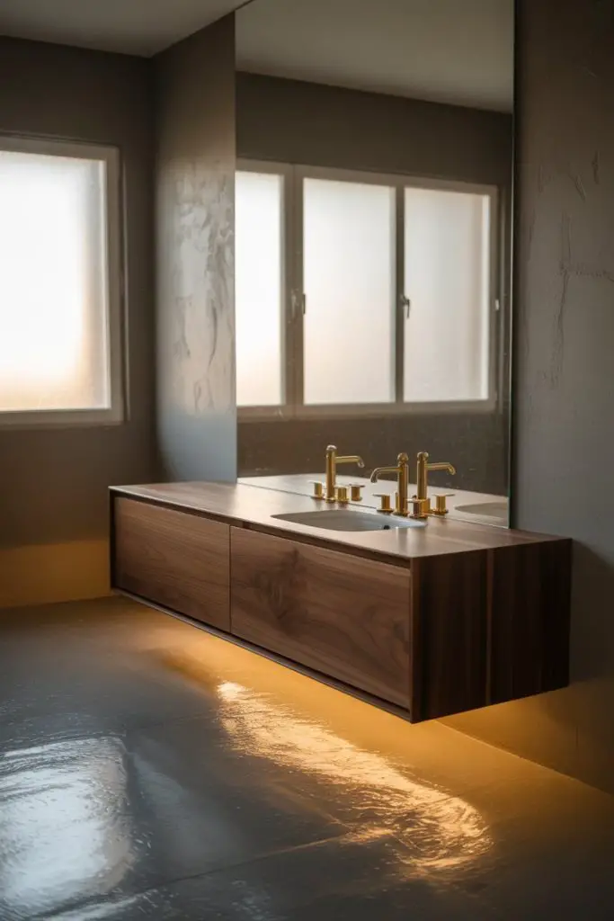 A modern bathroom with a floating wooden vanity featuring dual gold faucets, large mirror, gray walls, and under-cabinet lighting creating a warm glow. Frosted windows let in soft natural light.