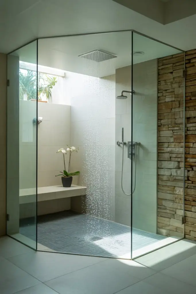 A modern glass-enclosed shower with a rainfall showerhead, wall-mounted controls, a bench, a potted orchid, and a stone accent wall. Sunlight enters through a window, creating a bright, spa-like atmosphere.