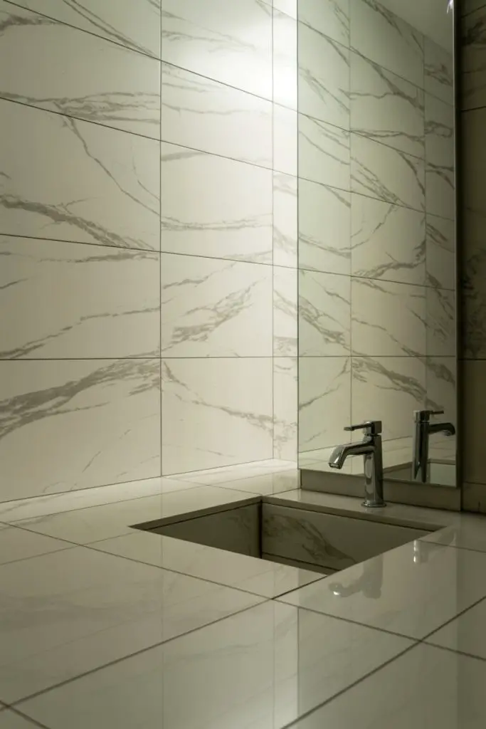 Modern bathroom with a marble-tiled wall and countertop, a built-in rectangular sink, and a sleek silver faucet. The large mirror reflects the patterned tiles and faucet.