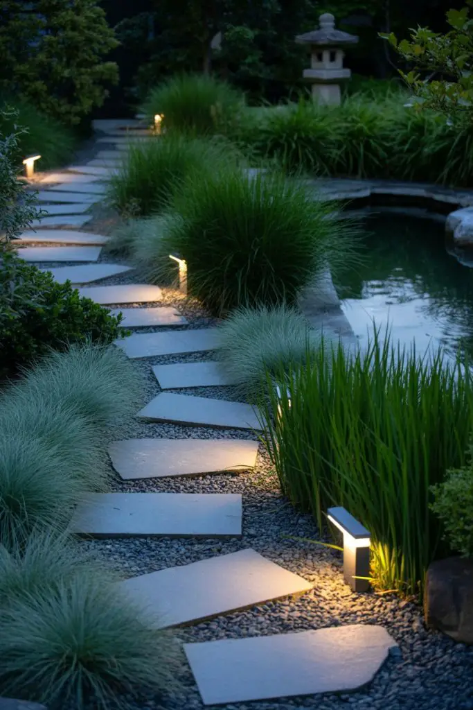 A serene garden path with irregular stone pavers leads alongside a pond. Soft landscape lights illuminate the walkway, surrounded by ornamental grasses and lush greenery. A stone lantern is visible in the background.