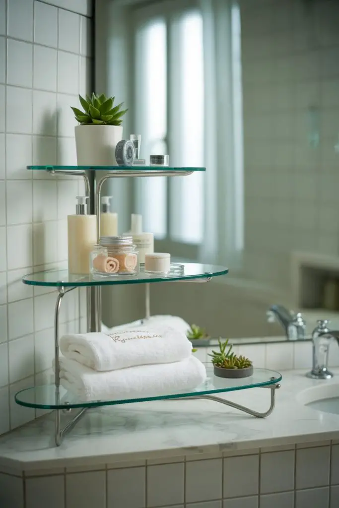 Three-tiered glass bathroom shelf holding a potted succulent, toiletries, skincare jars, a rolled white towel, and a small plant, set on a marble counter beside a tiled wall and a mirror.