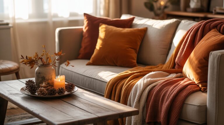 A cozy living room with a beige sofa, orange and rust-colored pillows, a knit blanket, and sunlight streaming through a window. A wooden coffee table holds pinecones, candles, and a vase with autumn branches.