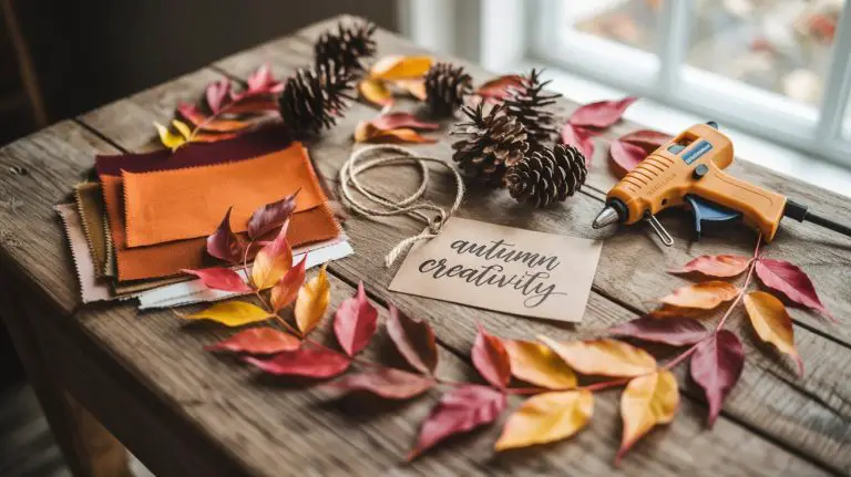 A rustic wooden table holds autumn leaves, pinecones, fabric swatches, twine, a hot glue gun, and a card reading autumn creativity, set by a window with soft daylight streaming in.