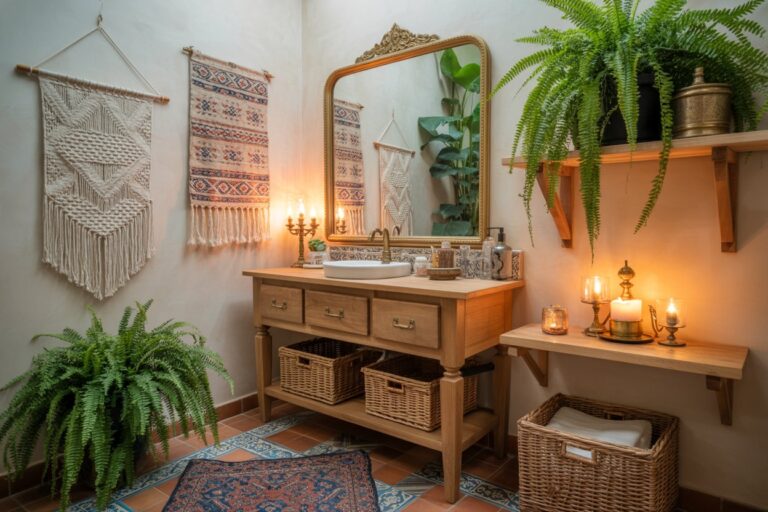 A cozy bathroom with a wooden vanity, wicker baskets, macrame wall hangings, potted ferns, candles, a decorative mirror, and a patterned rug, creating a warm, bohemian atmosphere.