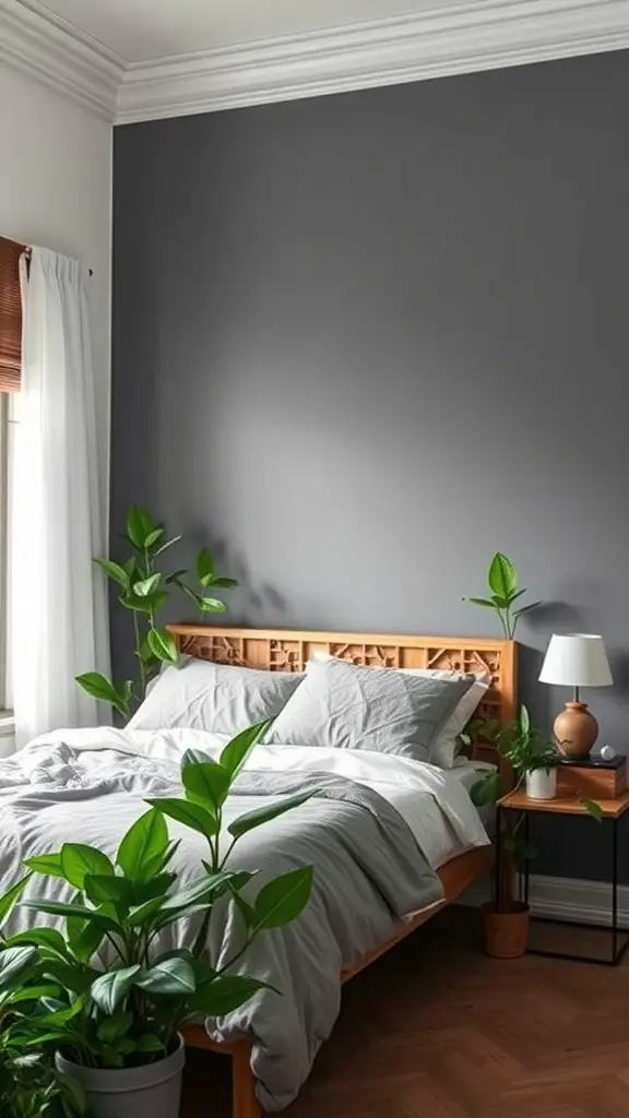 A cozy grey bedroom with wooden furniture and several green plants.