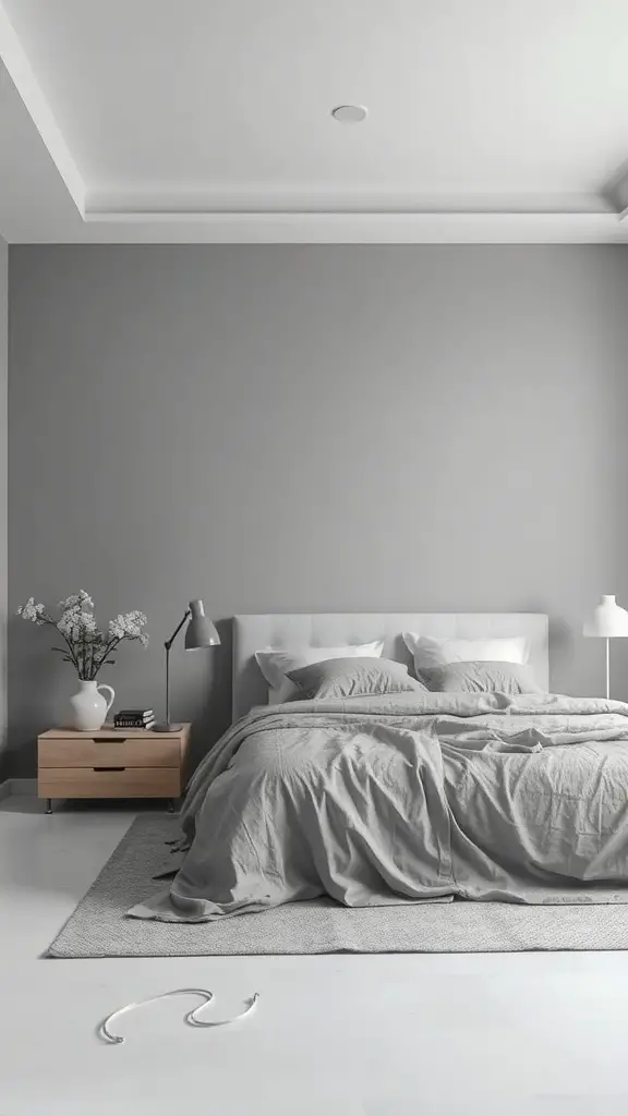 A stylish grey bedroom with a bed, nightstand, and decorative elements.