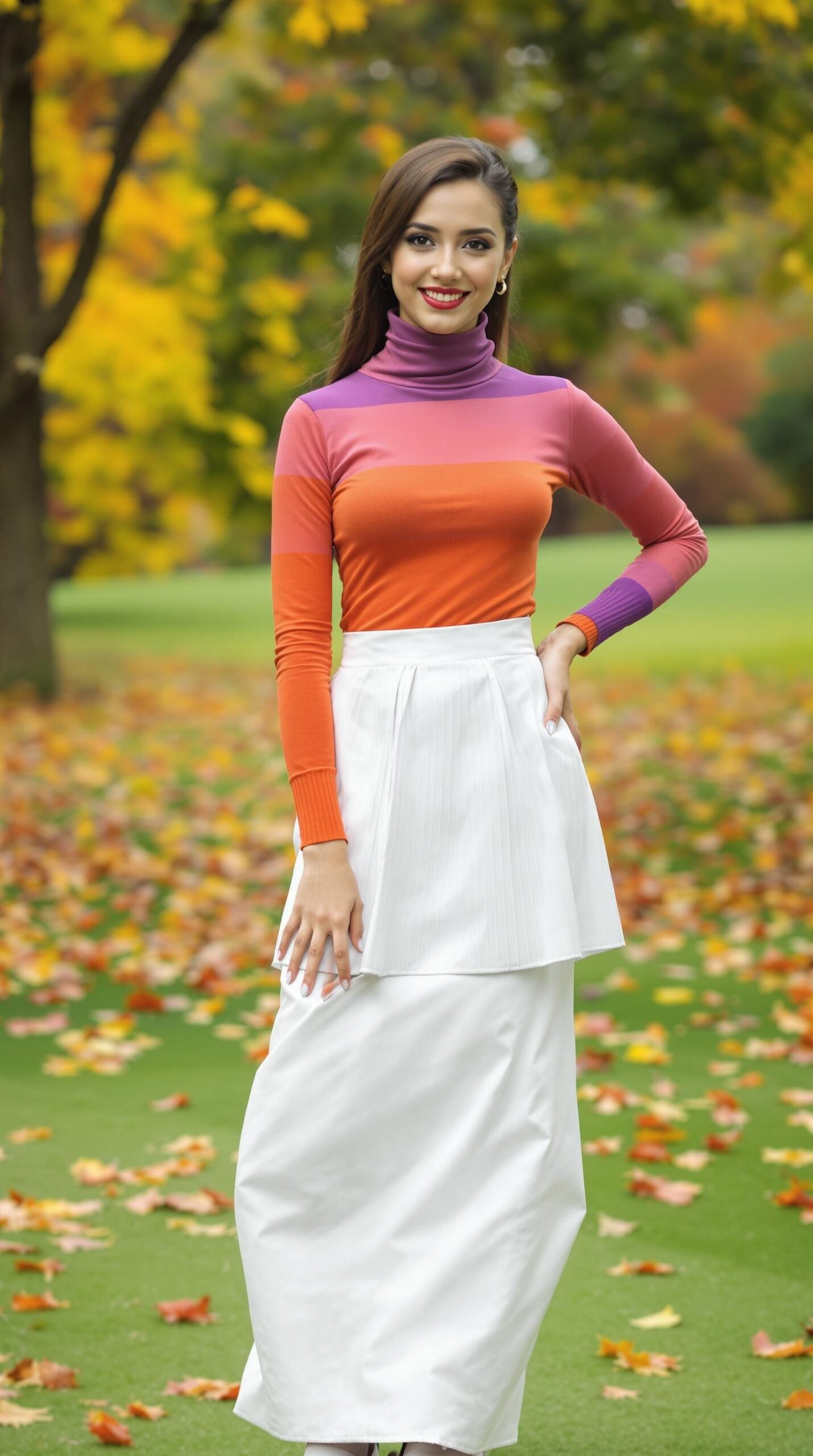 A woman in a colorful turtleneck and white golf skirt standing on a golf course with autumn leaves in the background.