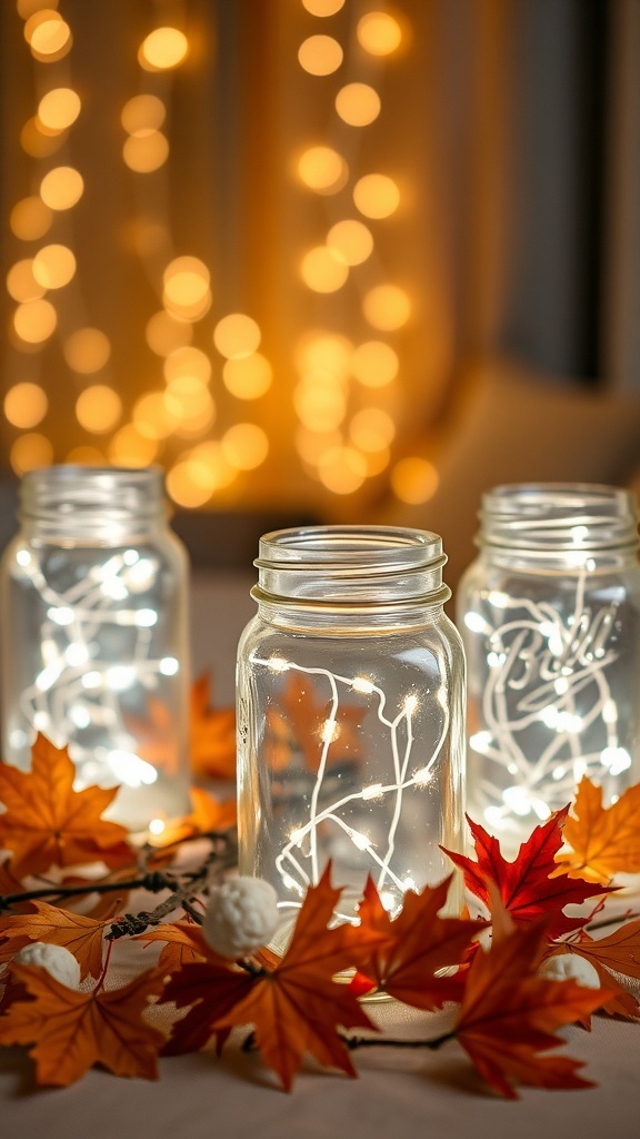Mason jar lanterns filled with fairy lights surrounded by autumn leaves.
