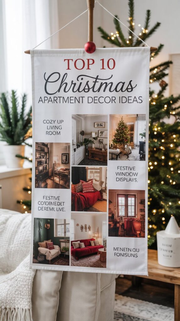 A decorative banner hangs indoors, titled Top 10 Christmas Apartment Decor Ideas, featuring photos of cozy festive rooms, Christmas trees, and holiday decorations, with a lit tree and sofa in the background.
