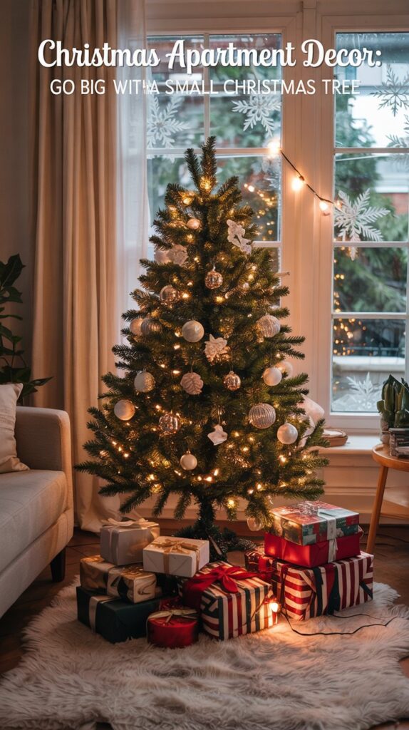A small, decorated Christmas tree with lights and ornaments stands on a fluffy rug in a cozy living room, surrounded by wrapped presents. Warm lights and snowflake window decals create a festive atmosphere.