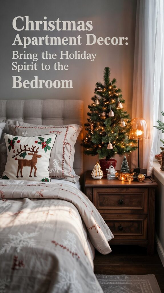 A cozy bedroom decorated for Christmas with a small lit tree, ornaments, and gifts on a wooden nightstand, festive bedding, and a pillow with a reindeer design. Large holiday text is displayed on the wall.