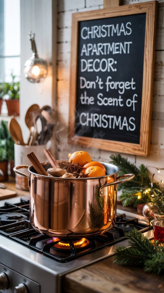 A copper pot with oranges, cinnamon sticks, and herbs simmers on a stove in a cozy, festive kitchen. A chalkboard sign behind reads, CHRISTMAS APARTMENT DECOR: Dont forget the Scent of CHRISTMAS.