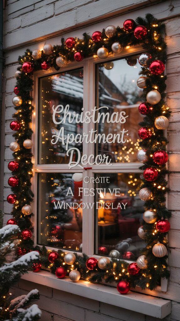 A window decorated with garlands, red and gold baubles, and string lights for Christmas. Snow covers the window ledge, and festive text on the glass reads: Christmas Apartment Decor. Create a festive window display.