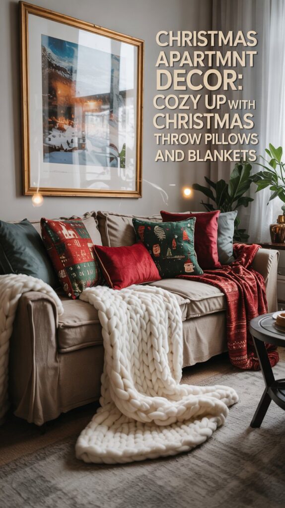 A cozy living room with a beige sofa decorated with Christmas-themed throw pillows and chunky knit blankets. A holiday print hangs above, and warm lighting creates a festive, inviting atmosphere. Text reads: “Christmas Apartment Decor: Cozy up with Christmas throw pillows and blankets.”.