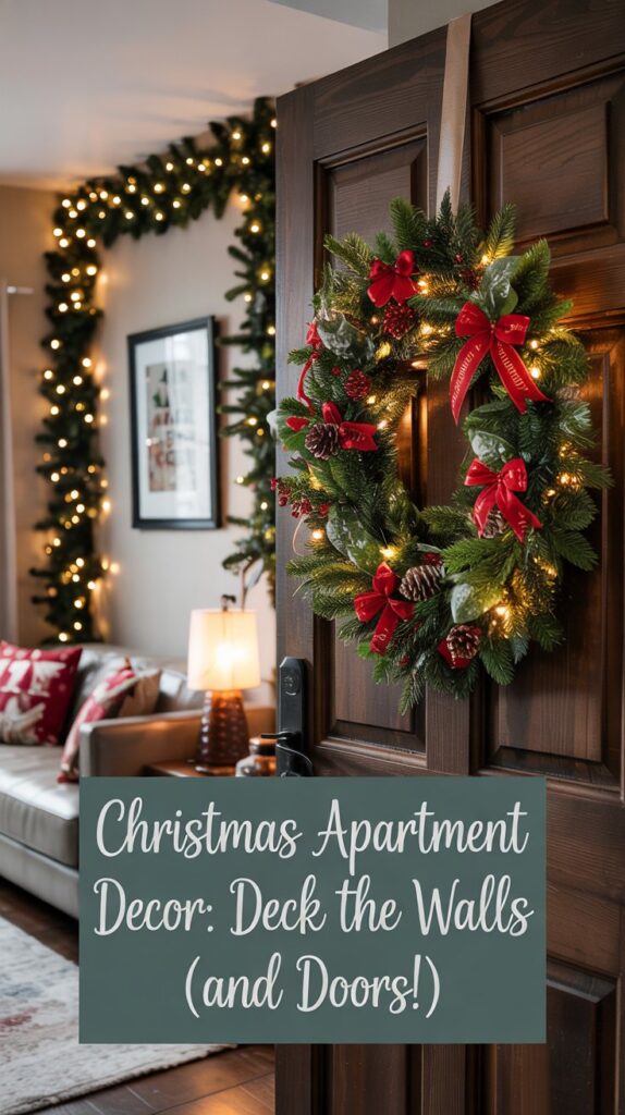 A festive apartment entryway with a Christmas wreath on a brown door, garland and fairy lights around the doorway, and holiday decor in a cozy living room. Text overlay reads: Christmas Apartment Decor: Deck the Walls (and Doors!).