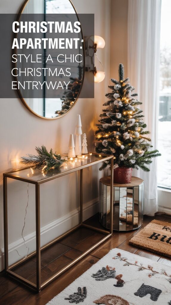 A chic Christmas apartment entryway with a gold console table, small decorated Christmas tree, mirror, festive lights, ceramic trees, and cozy rugs on a wooden floor beside a large window with snowy outdoor view.