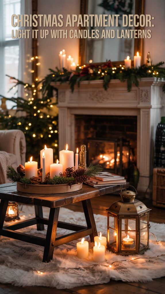 A cozy living room decorated for Christmas with candles and lanterns on a coffee table, a lit fireplace, garland on the mantel, and a Christmas tree with lights in the background. Text reads: Christmas Apartment Decor: Light it up with candles and lanterns.