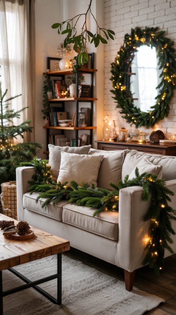 A cozy living room decorated for Christmas with a beige sofa draped in pine garlands and fairy lights, a large wreath on the wall mirror, a Christmas tree, and warm ambient lighting.