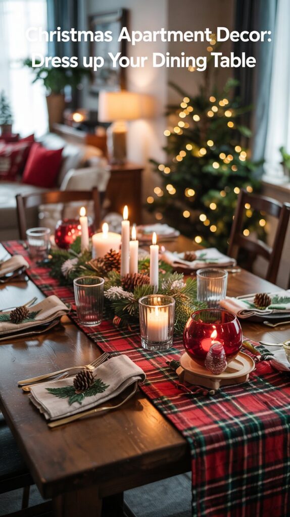 A festive dining table decorated for Christmas with a red plaid runner, candles, pine cones, and greenery. The blurred background shows a lit Christmas tree and cozy apartment decor. Text reads: “Christmas Apartment Decor: Dress up Your Dining Table.”.