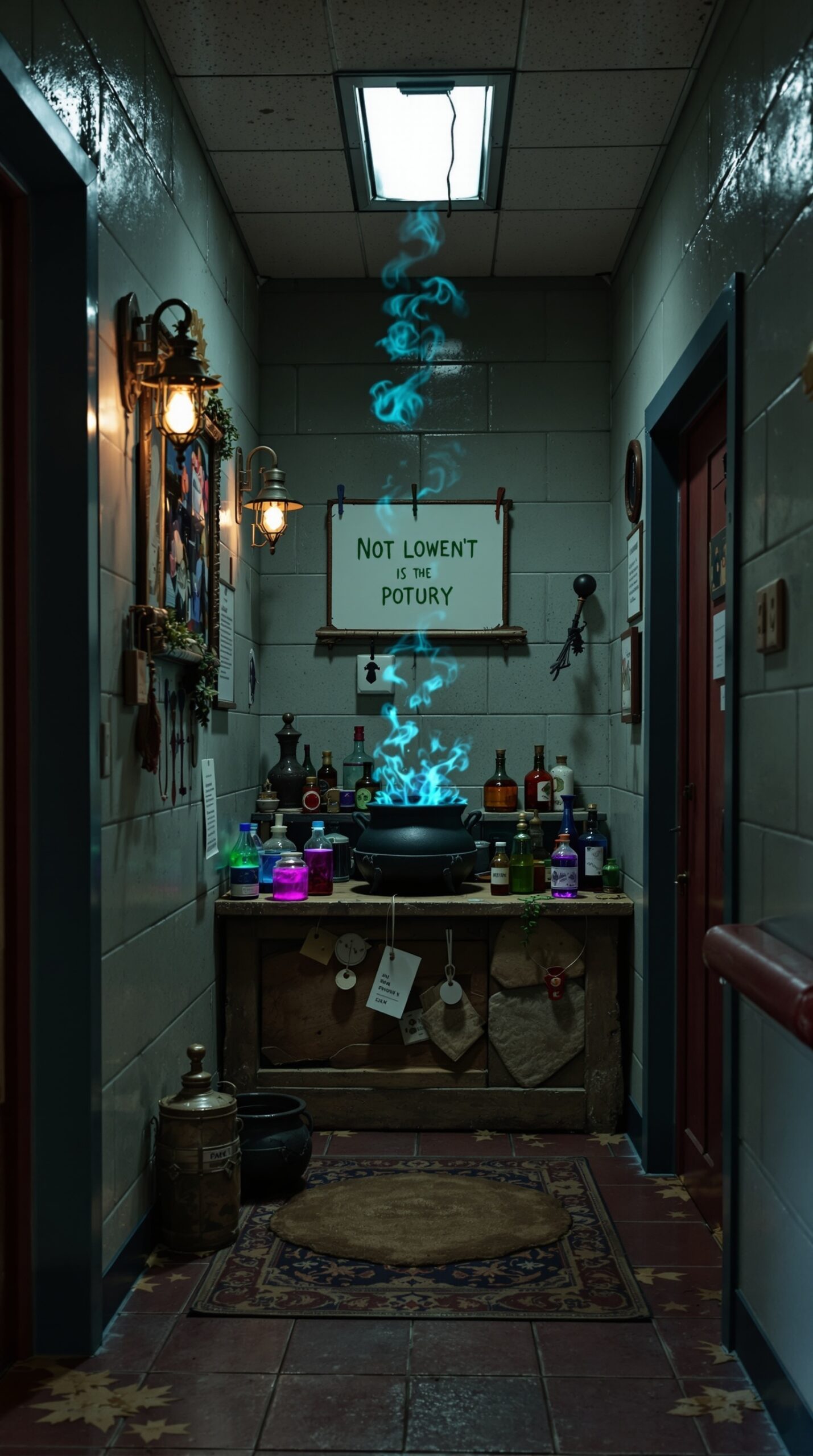 A hallway decorated as a Witch's Potion Corner with a bubbling cauldron and colorful potion bottles.