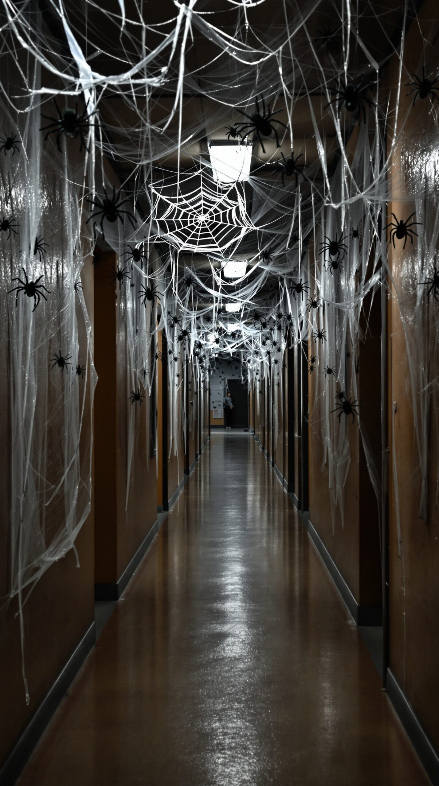 A hallway decorated with spider webs and black spiders for Halloween.