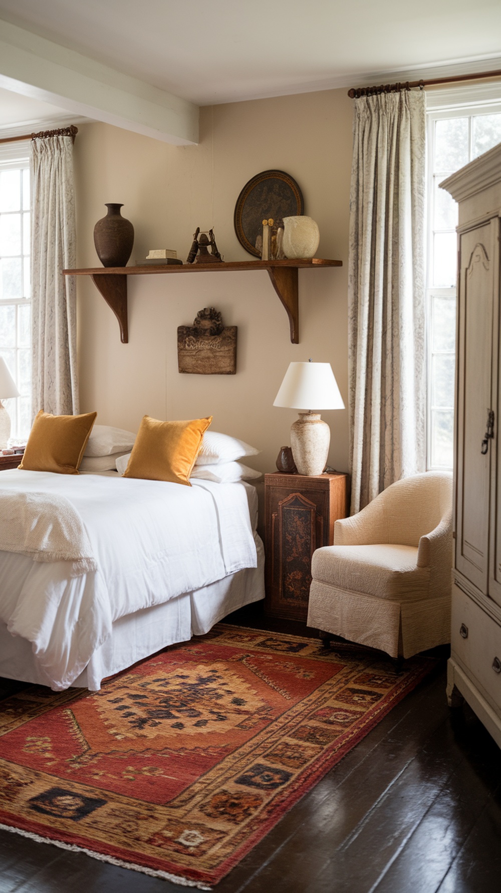 A vintage guest bedroom featuring a classic area rug, a bed with pillows, and a cozy chair.