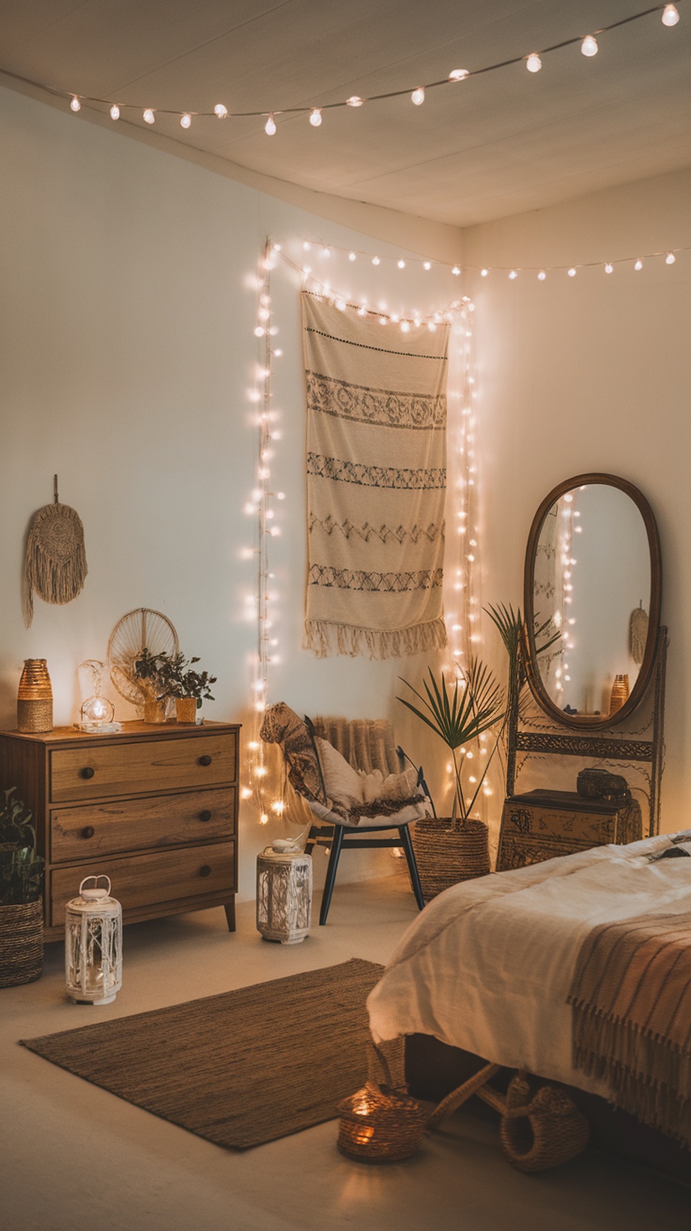 A cozy boho bedroom with string lights illuminating the space, featuring natural decor elements.