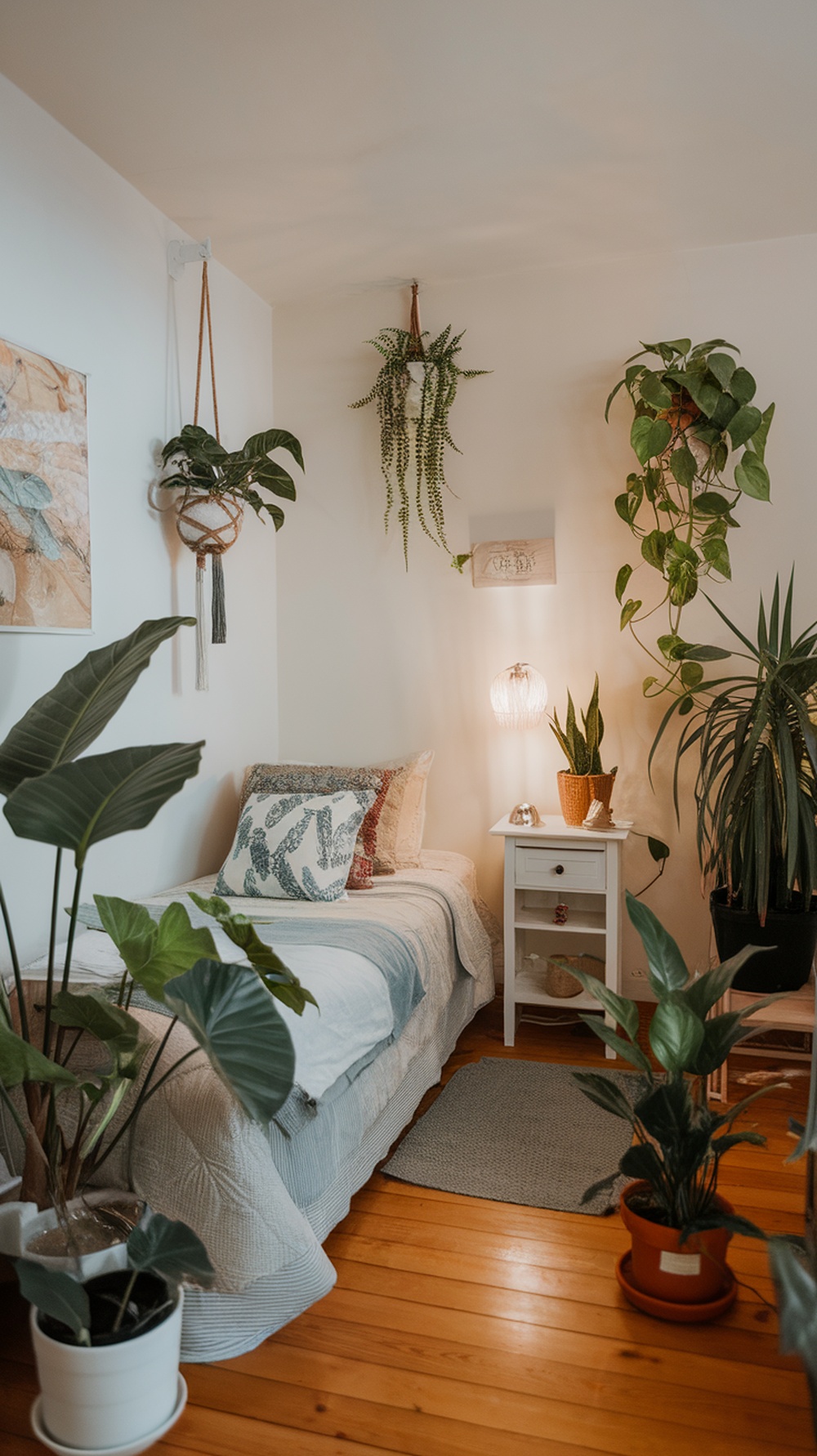 A cozy bedroom with various plants, including hanging and potted varieties, enhancing the space.