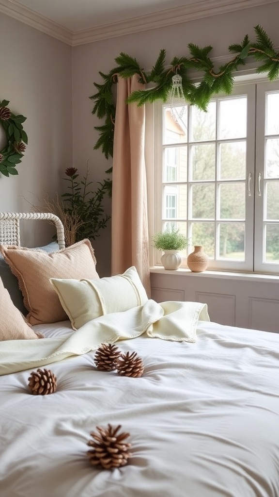 A cozy bedroom decorated with pinecones and greenery for Christmas.