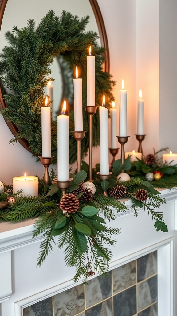 Elegant candle arrangement with white candles, pinecones, and greenery on a mantel