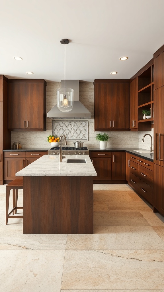 A modern kitchen with brown cabinets and a natural stone backsplash, showcasing a light-colored stone that contrasts with the dark wood.