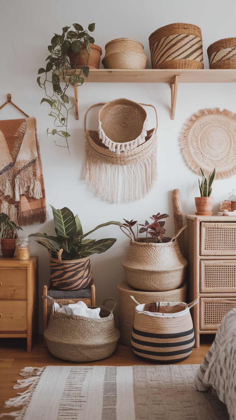A cozy boho bedroom featuring woven baskets on the wall, showcasing stylish storage options.