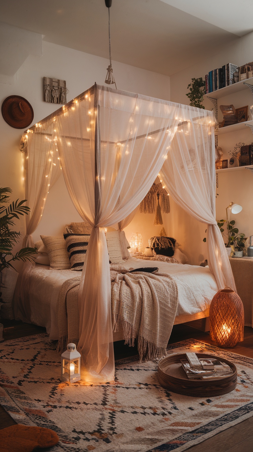 A cozy bohemian bedroom featuring a canopy bed with fairy lights, textured pillows, and warm decor.