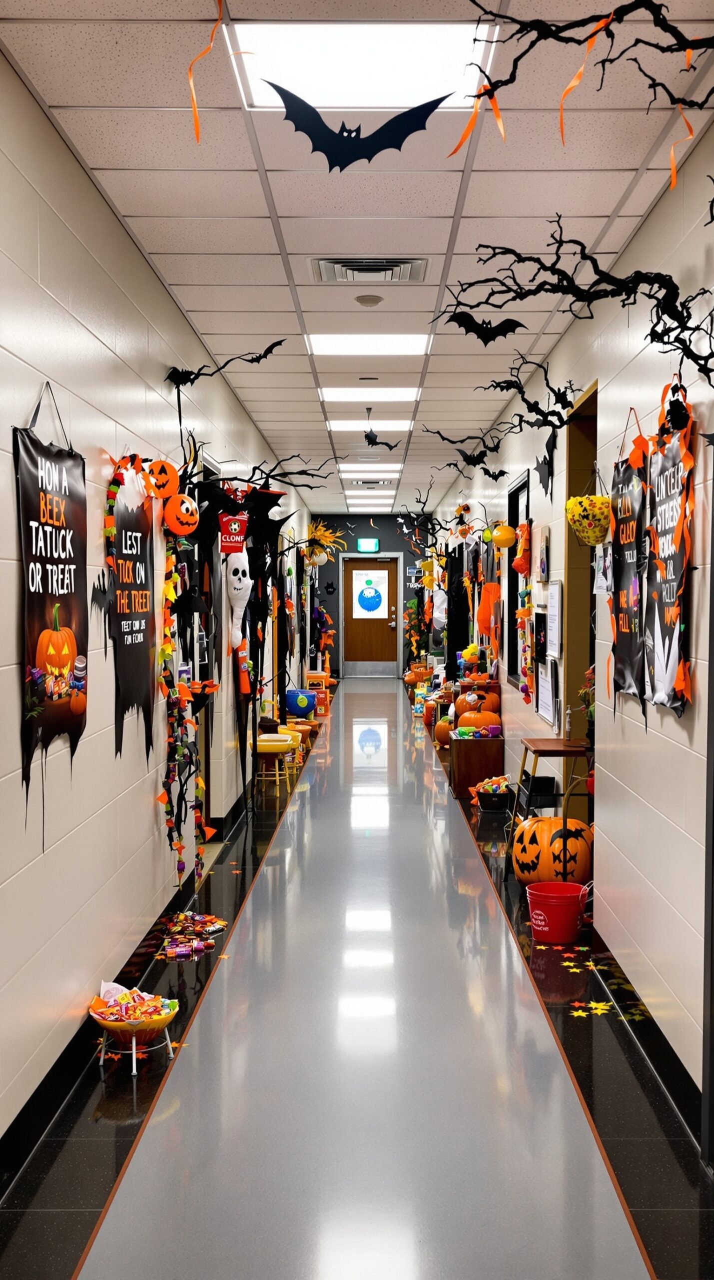 A decorated hallway for Halloween with bats, pumpkins, and candy stations.