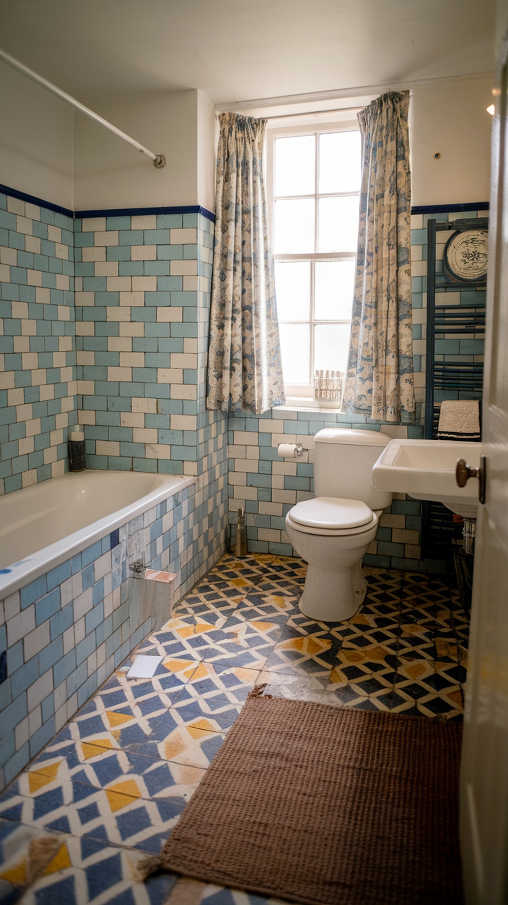 A small cottage bathroom featuring blue and white tiled walls, patterned floor tiles, and a window with floral curtains.