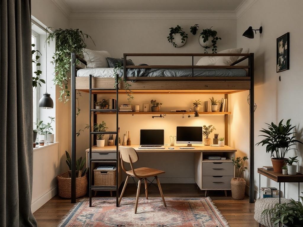 A cozy studio apartment featuring a lofted bed with a workspace underneath, decorated with plants and warm lighting.