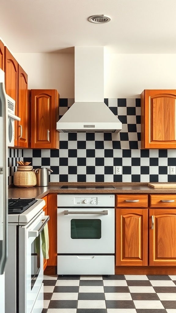 Kitchen with black and white checkerboard backsplash and brown cabinets