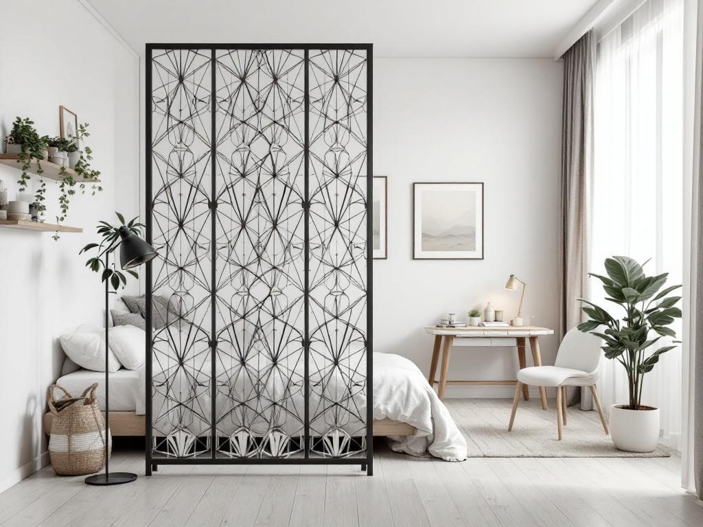 A stylish room divider separates a bedroom area from the rest of a studio apartment, featuring plants and modern decor.
