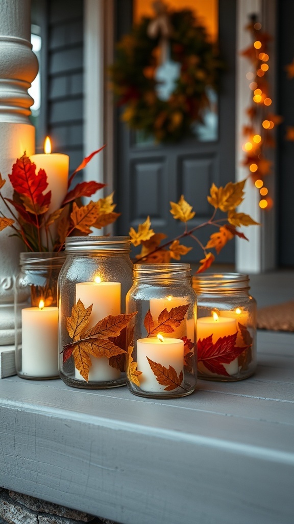 Mason jar lanterns with candles and autumn leaves on a porch