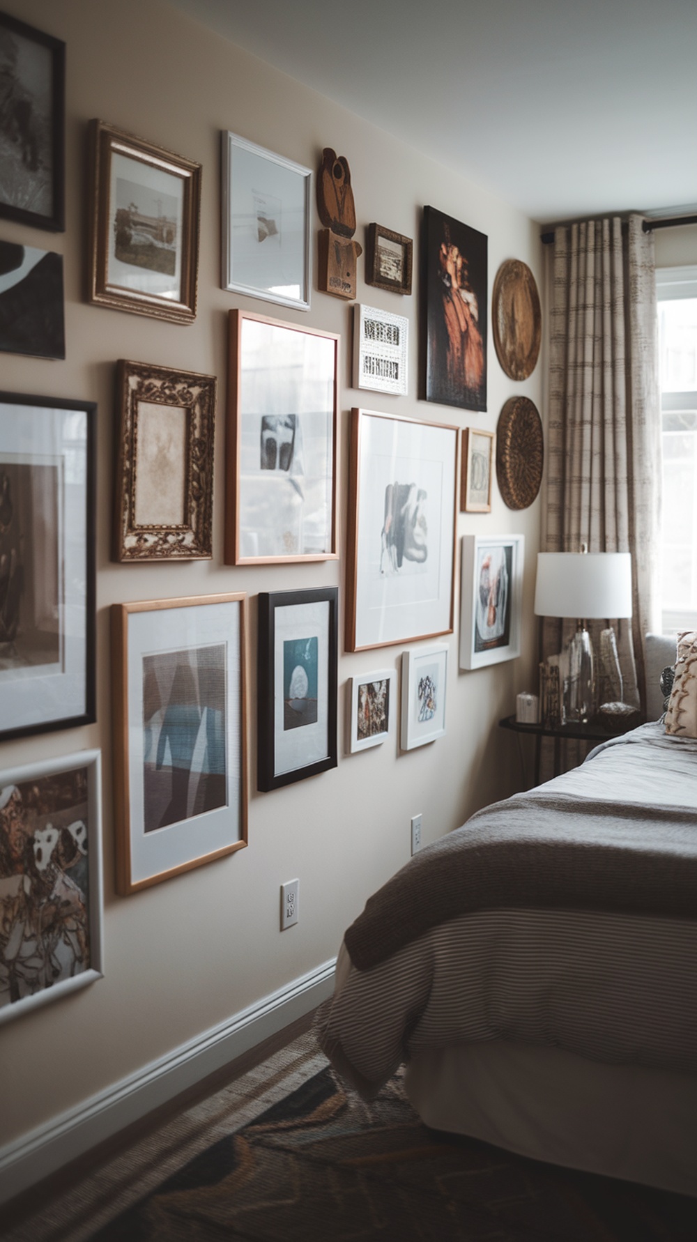 A wall in a small bedroom displaying a variety of framed artworks and decorative pieces.