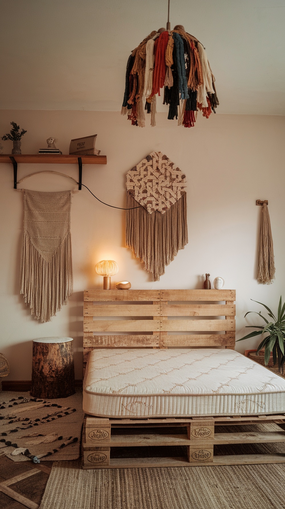 A cozy bedroom featuring a wooden pallet bed, colorful yarn light fixture, and macramé wall hangings.