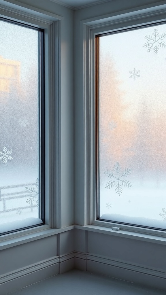 Two frosted windows with snowflake patterns, showcasing a wintery scene.