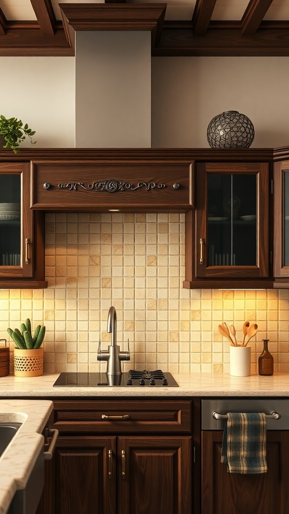 A kitchen featuring warm beige mosaic tiles as a backsplash behind brown cabinets.