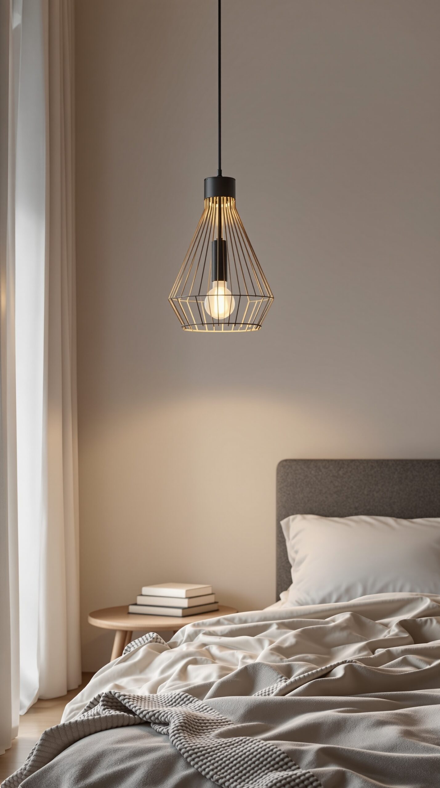 A modern pendant light fixture hanging above a bed in a minimalist bedroom setting.