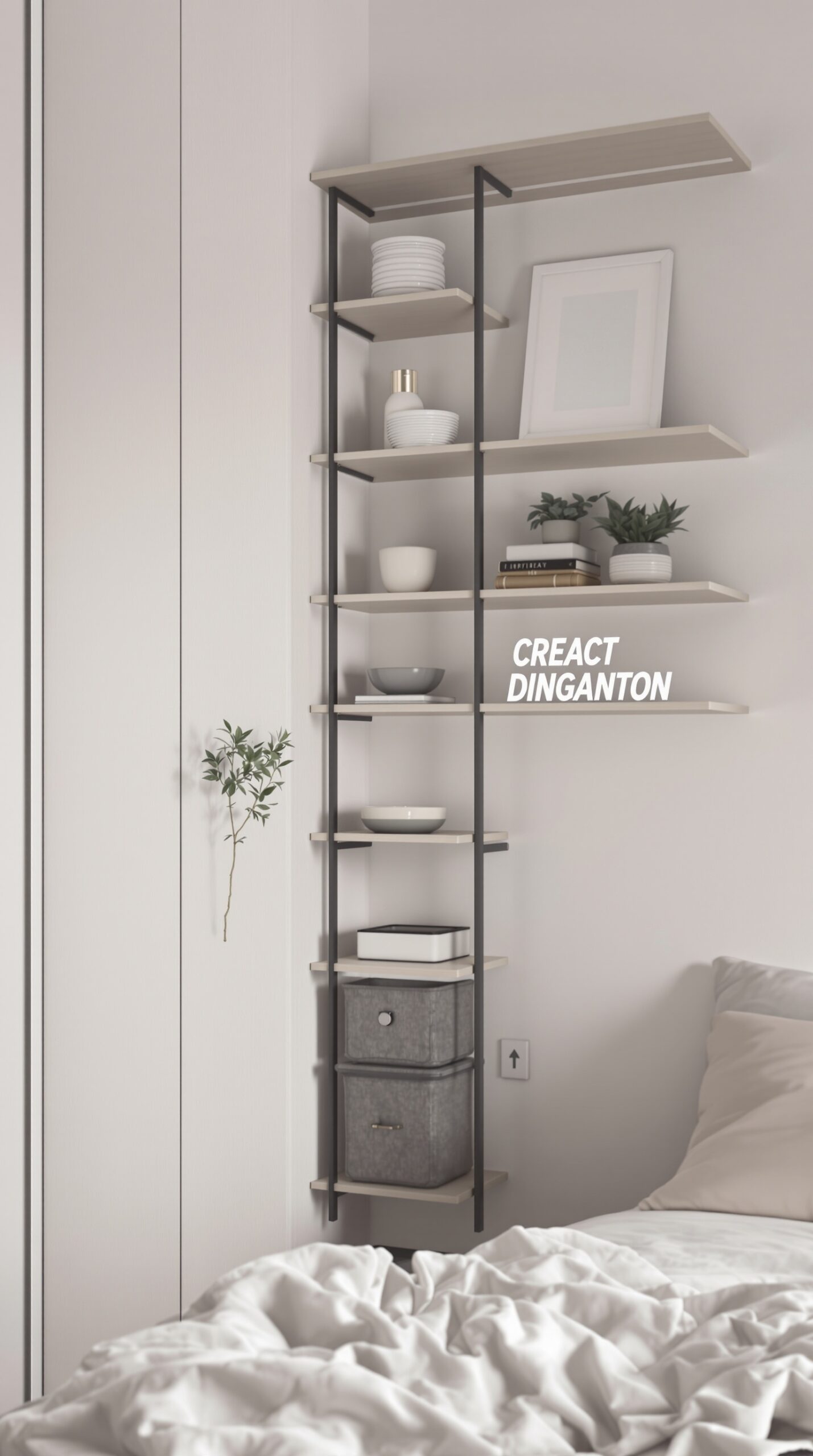 A tall shelving unit in a modern bedroom, featuring various items like plants and storage boxes.