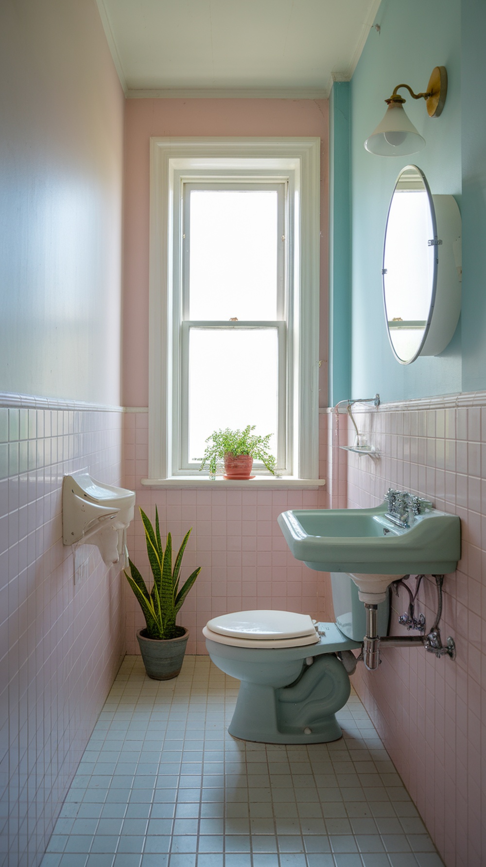A small cottage bathroom with pastel pink and blue walls, a window with a potted plant, and a vintage sink.